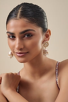 Gold Finish Jadtar Stone & Pearl Enameled Jhumka Earrings