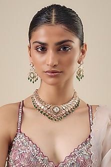 Gold Finish Kundan Polki & Green Pearl Hanging Necklace Set