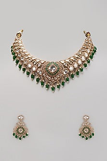 Gold Finish Kundan Polki & Green Pearl Hanging Necklace Set