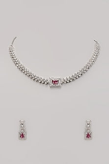 White Finish Zircon & Ruby Stone Necklace Set