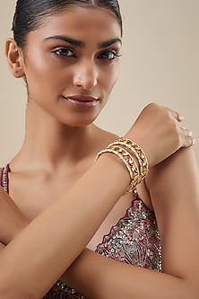 Gold Finish Kundan Polki Openable Bangle (Set Of 2)