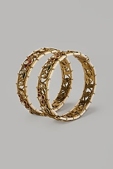 Gold Finish Kundan Polki Openable Bangle (Set Of 2)