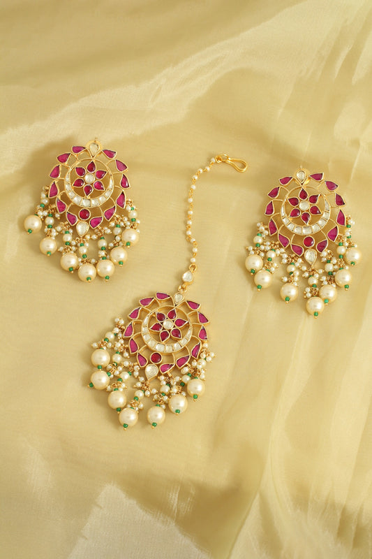 Gold Finish Handcrafted Earrings with Maang Tikka