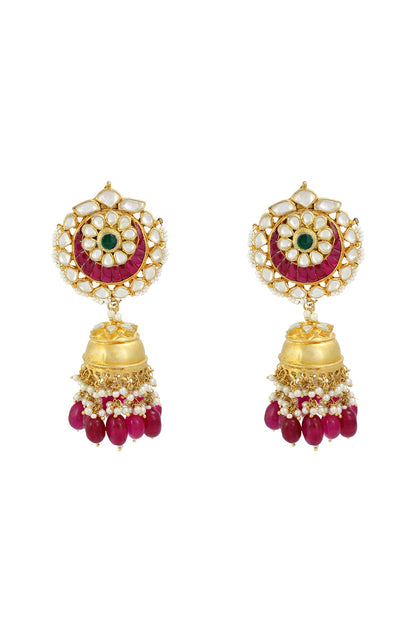 Gold Finish Red Stone Jhumka Earrings