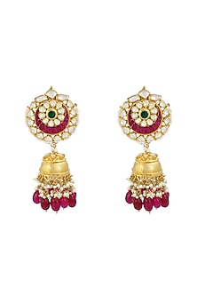 Gold Finish Red Stone Jhumka Earrings