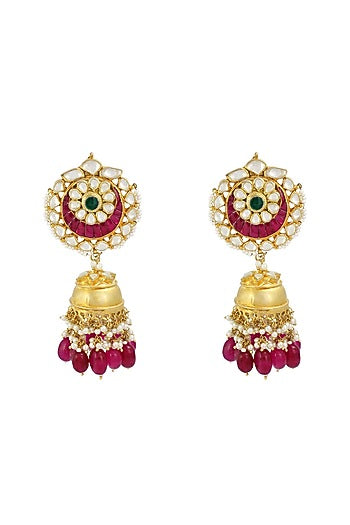 Gold Finish Red Stone Jhumka Earrings