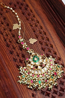 Gold Finish Kundan Polki & Multi-Colored Stone Maangtikka