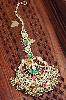Gold Finish Multi-Colored Kundan Polki Maangtikka