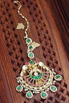 Gold Finish Pearl & Multi-Colored Kundan Polki Maangtikka