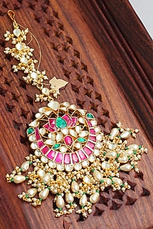 Gold Finish Multi-Colored Kundan Polki Bridal Maangtikka
