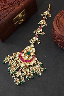 Gold Finish Multi-Colored Kundan Polki & Pearl Maangtikka