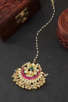 Gold Finish Pearl & Kundan Polki Maangtikka