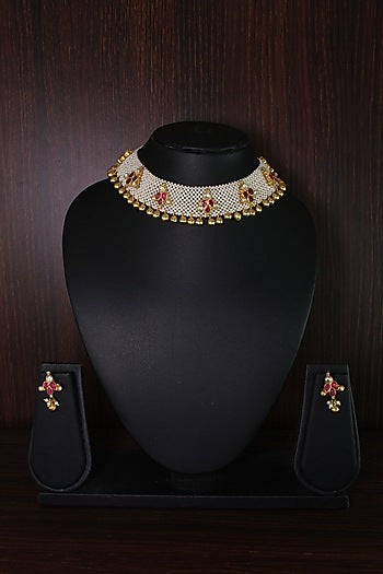Gold Finish Moti Patta & Red Stone Choker Necklace Set