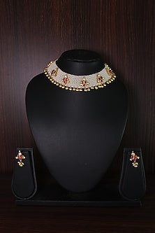 Gold Finish Moti Patta & Red Stone Choker Necklace Set