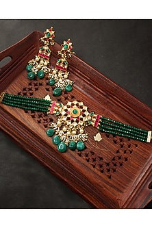 Gold Finish Green Beaded & Pearl Choker Necklace Set
