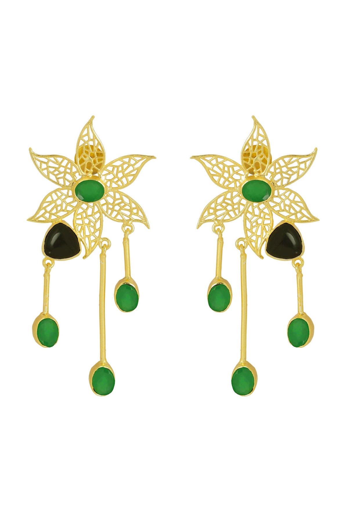 Gold Finish Stone Floral Dangler Earrings