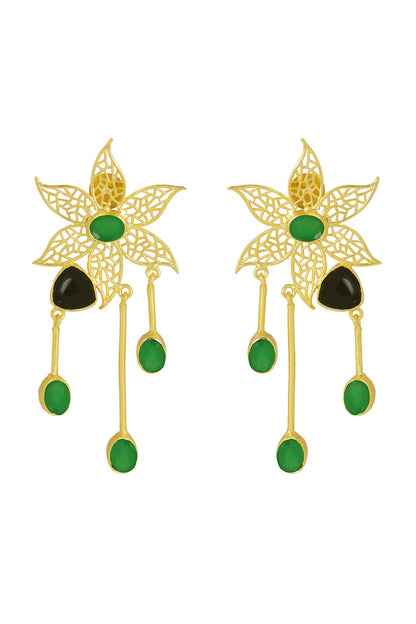 Gold Finish Stone Floral Dangler Earrings