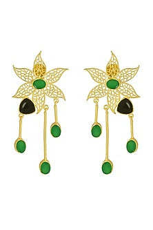 Gold Finish Stone Floral Dangler Earrings