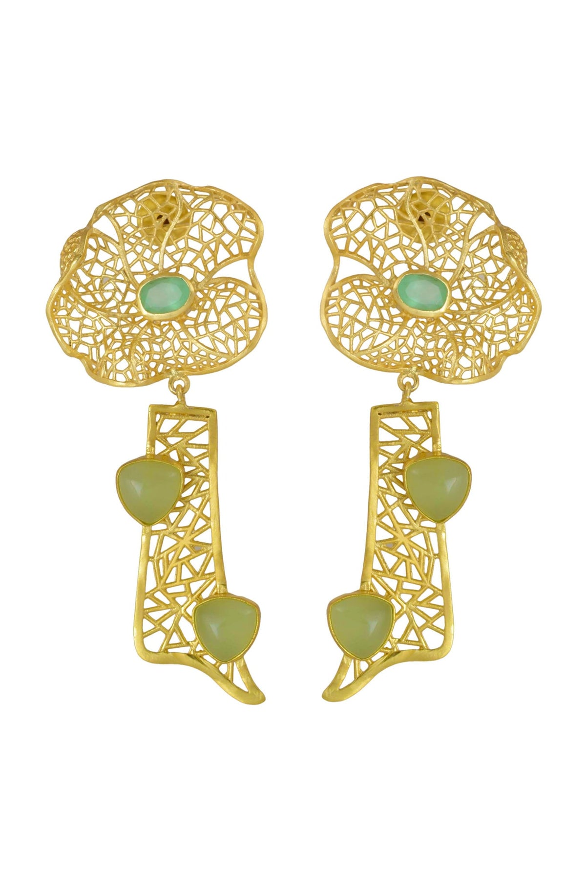 Gold Finish Stone Floral Dangler Earrings