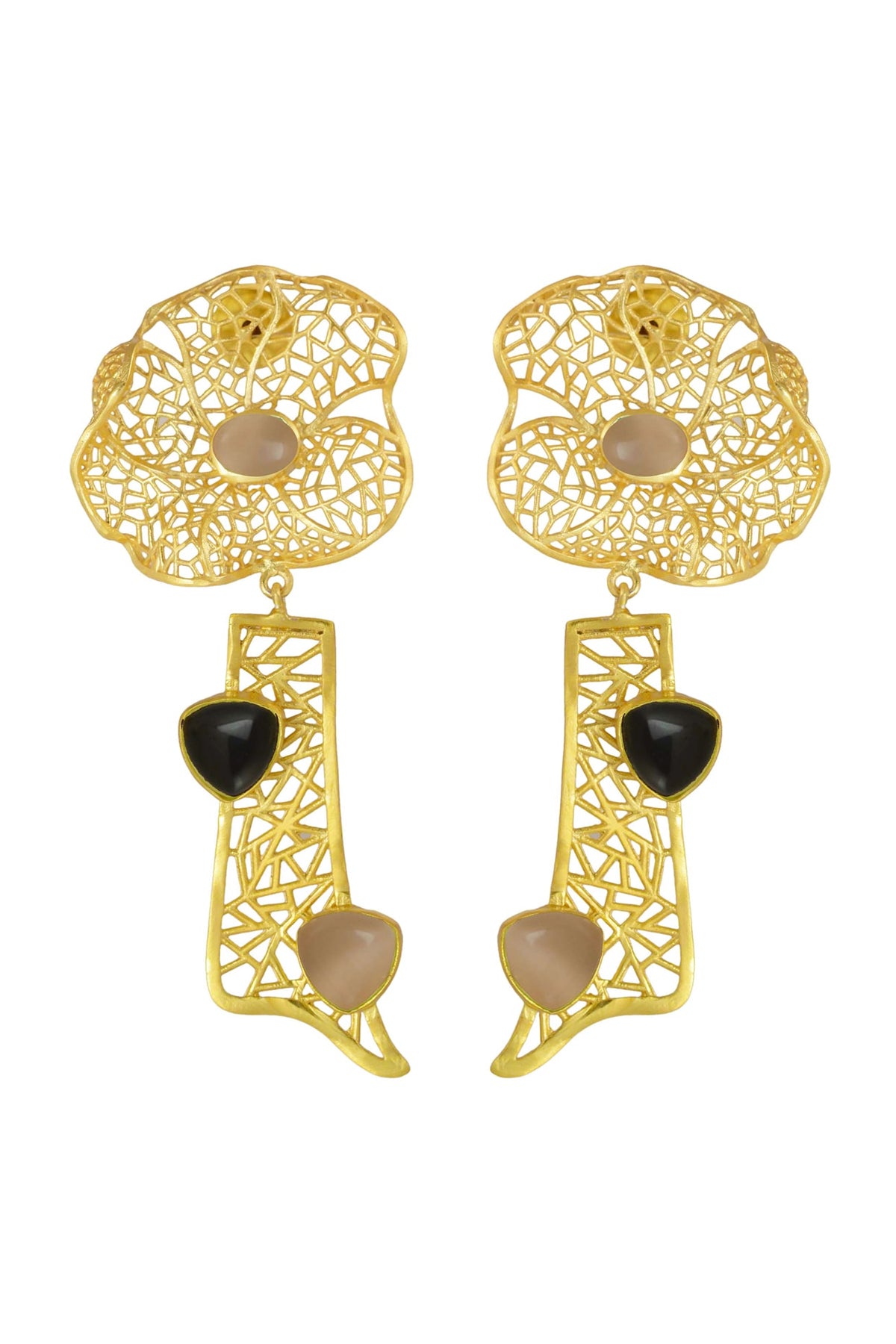 Gold Finish Stone Floral Dangler Earrings