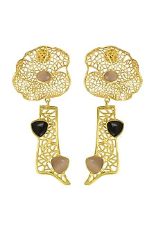 Gold Finish Stone Floral Dangler Earrings
