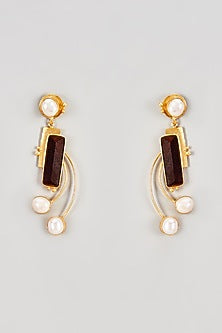 Gold Finish Rosewood & Pearl Dangler Earrings