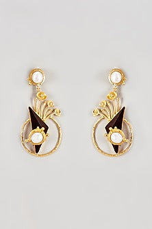 Gold Finish Rosewood & Pearl Dangler Earrings