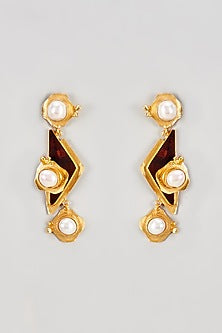 Gold Finish Rosewood & Pearl Dangler Earrings