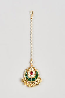 Gold Finish Kundan Polki & Pearl Maang Tikka