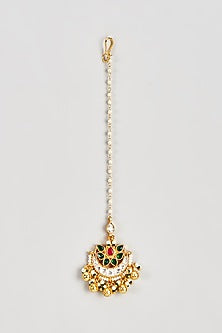 Gold Finish Kundan Polki & Pearl Maang Tikka