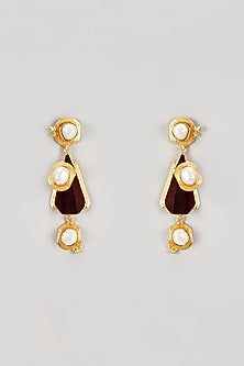 Gold Finish Rosewood & Pearl Dangler Earrings