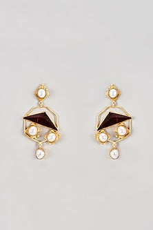 Gold Finish Rosewood & Pearl Dangler Earrings