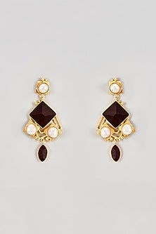Gold Finish Rosewood & Pearl Dangler Earrings