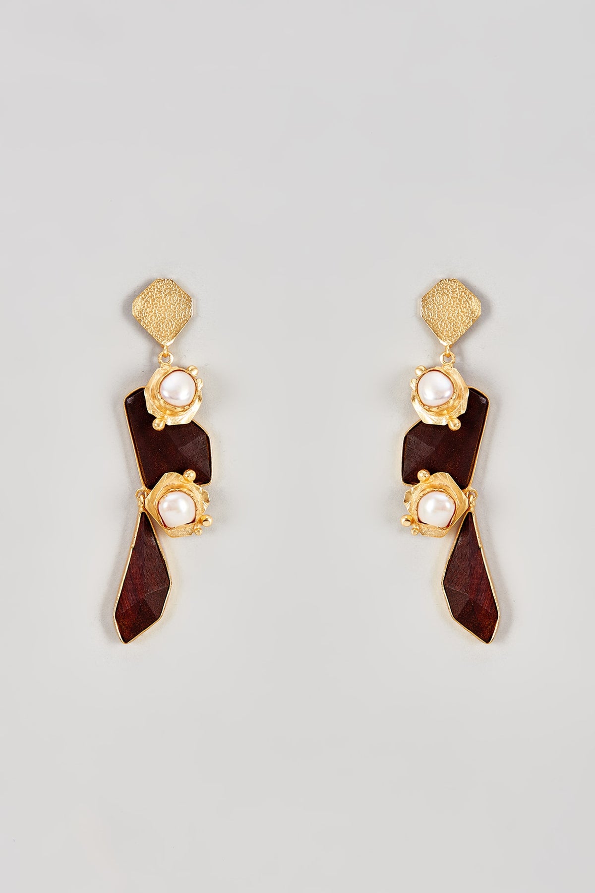 Gold Finish Rosewood & Pearl Dangler Earrings