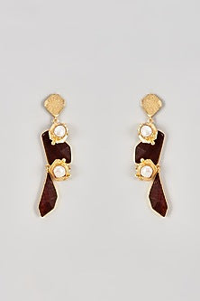 Gold Finish Rosewood & Pearl Dangler Earrings