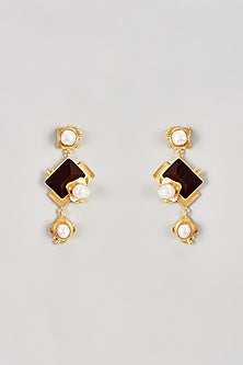 Gold Finish Rosewood & Pearl Dangler Earrings