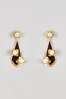 Gold Finish Rosewood & Pearl Dangler Earrings
