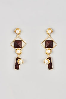 Gold Finish Rosewood & Pearl Dangler Earrings