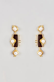 Gold Finish Rosewood & Pearl Dangler Earrings