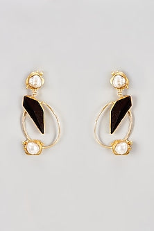 Gold Finish Rosewood & Pearl Dangler Earrings