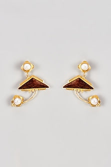Gold Finish Rosewood & Pearl Dangler Earrings