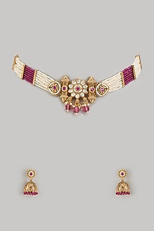 Gold Finish Kundan Polki Choker Necklace Set