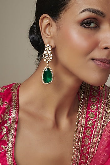 Gold Finish Green Doublet & CZ Stone Dangler Earrings