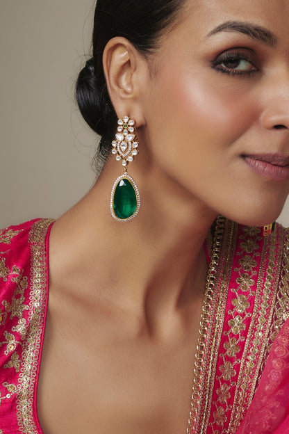 Gold Finish Green Doublet & CZ Stone Dangler Earrings