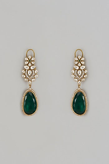 Gold Finish Green Doublet & CZ Stone Dangler Earrings