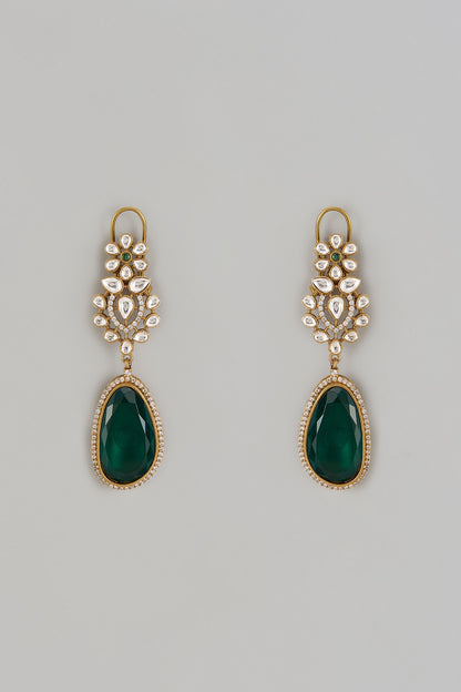Gold Finish Green Doublet & CZ Stone Dangler Earrings