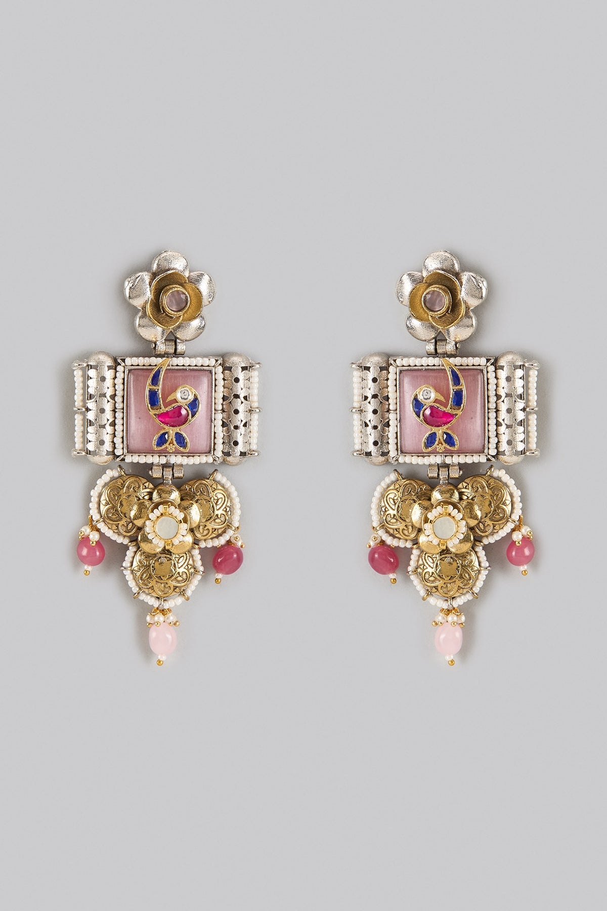 Oxidized Silver Finish Kundan Polki Dangler Earrings