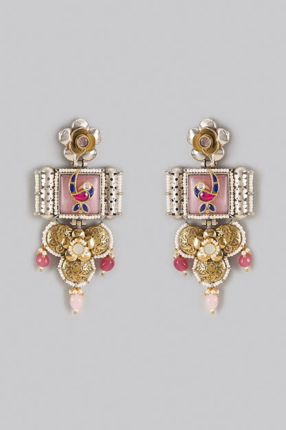 Oxidized Silver Finish Kundan Polki Dangler Earrings