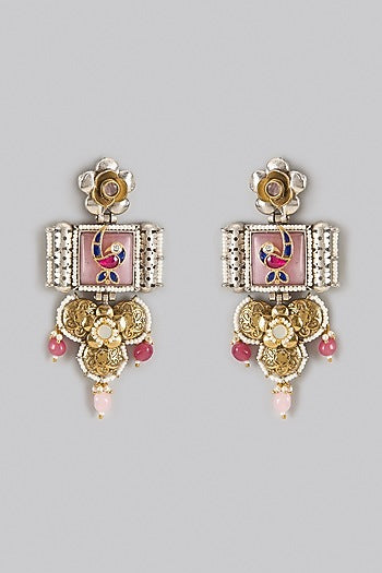 Oxidized Silver Finish Kundan Polki Dangler Earrings