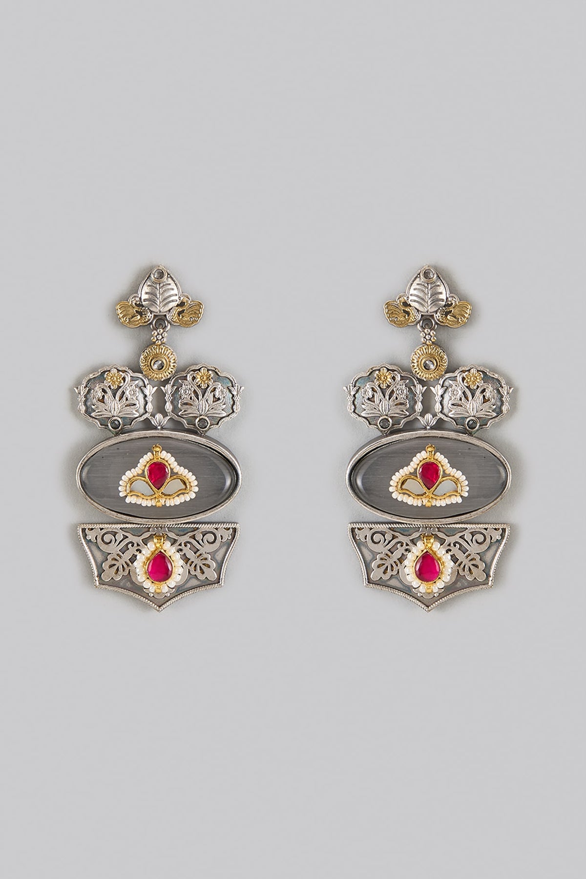 Oxidized Silver Finish Kundan Polki Dangler Earrings